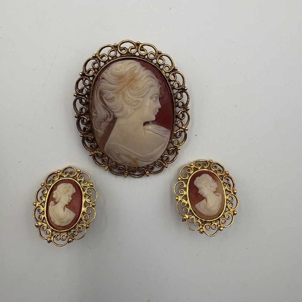 Vintage Resin Cameo Gold Tone Pin Brooch With Clip On Earrings